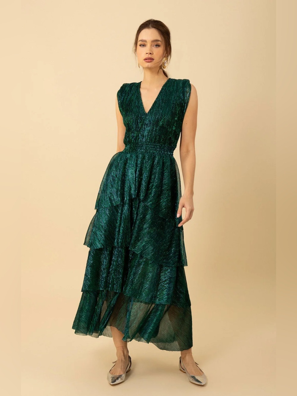 Hale Bob Adelina dressgreen lurex size small ruffle tiered wedding formal disco